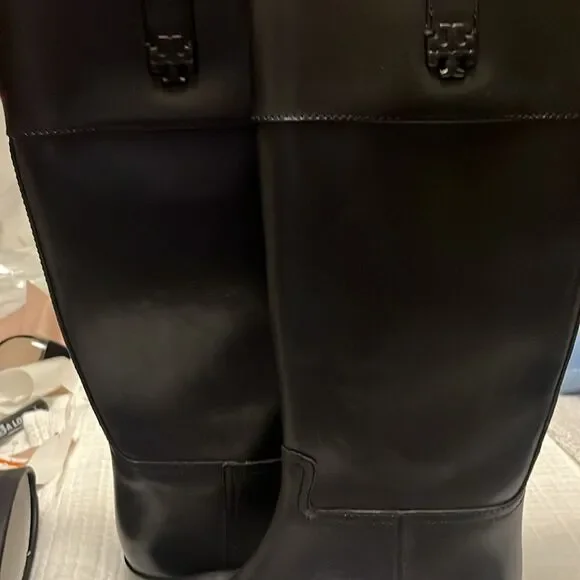 NWT TORY BURCH Double T Riding Black Leather Boots Size 7 $ 579.00